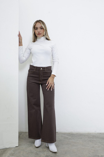 Pantalón Wide Leg De Jean Rígido - Chocolate