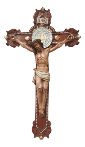 Cristo Medalla San Benito De Resina 38 Cm Resiste Exteriores