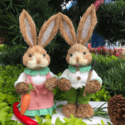 Para 4pcs Conejo De Pascua De Paja Adorno Estatuas Animal .