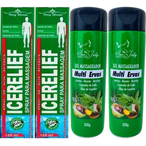 Kit 2 Spray Massageador Icerelief + 2 Gel Multi Ervas 220g