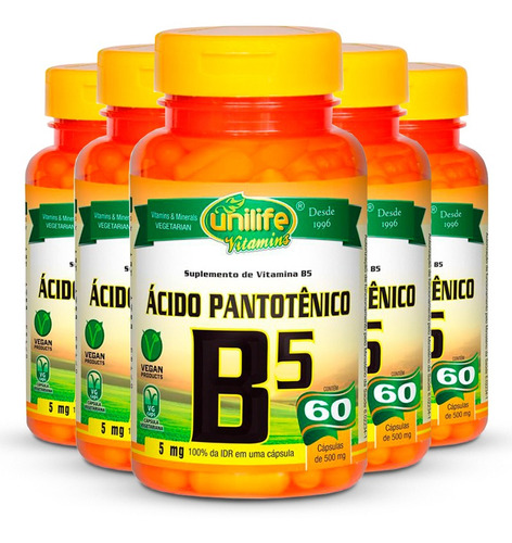 Kit 5 Vitamina B5 Ácido Pantotênico 60 Cápsulas Unilife Sabor Sem Sabor