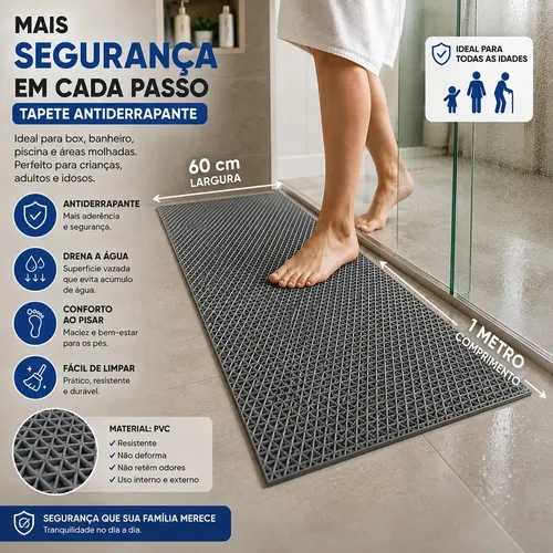 Tapete Antiderrapante Emborrachado para Banheiro Box Piscina 1 Metro Cinza Onda