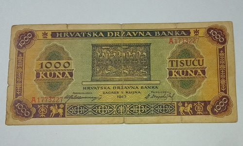 Billete Croacia 1000 Kuna 2 G. Mundial 1943 Ocup. Aleman Vf