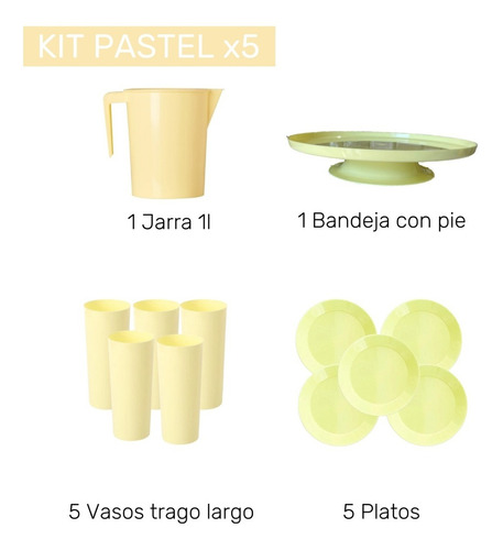 Kit 5 Pastel Jarra + Bandeja + Platos + Vasos Plástico