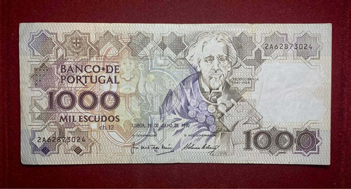 Billete 1000 Escudos Portugal 1990 Pick 181 G.1 T. Braga (Usado)