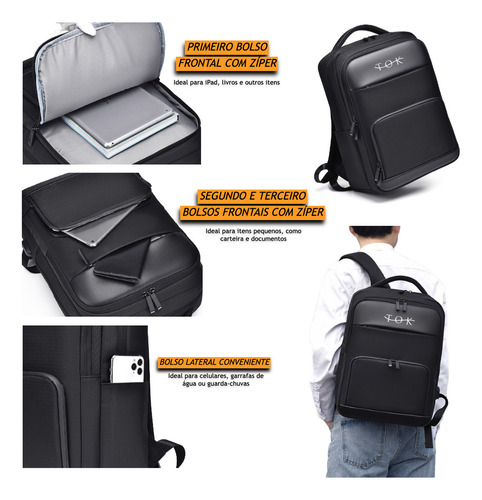 Mochila Impermeável Resistente Para Notebook De 15.6 Polegadas Com Compartimentos E Entrada Usb Cor Preto