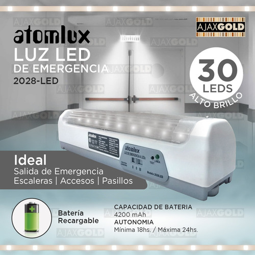 Imagen 2 de 5 de Luz Emergencia Atomlux 30 Led 24hs De Uso Fria Bateria Corte