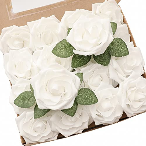 Flores Artificiales, 16 Piezas De Rosas   Blancas De Es...