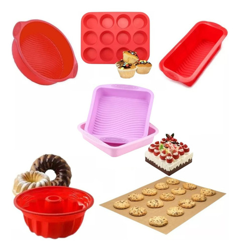 Set Kit Reposteria Completo Moldes De Silicona Apto Horno / Airfryer Freezer Microondas Desmolda Facil Antiadherentes X6