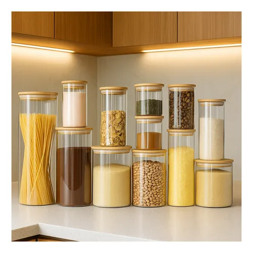 Jogo 12 Potes Hermetico Vidro Mantimentos Tampa Bambu