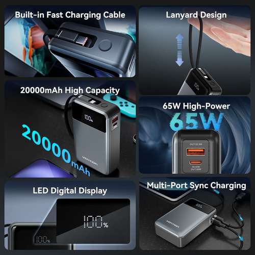 Power Bank Cargador Portatil Vention 20000mAh - Bateria Carga Rapida 65w con Pantalla - Conector USB C + USB + Cable Lightning USB C - Para Celular Iphone Samsung Auriculares Smartwatch - FHYB0