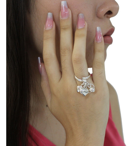 Imagen 6 de 9 de Anillo Corazones Colgantes Ajustable De Plata .925 Agálea