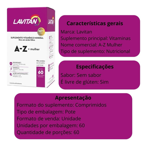 Lavitan Mulher A-z 60 Comp Suplemento Multivitaminico Cimed