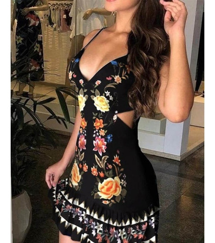 Vestido Con Tirantes Calados Y Estampado Floral De Hojas1