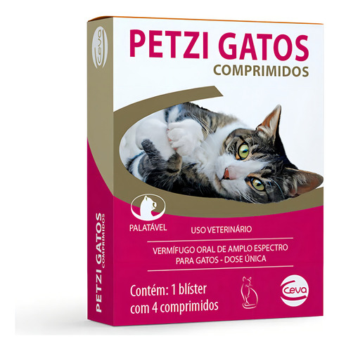Vermífugo Petzi Gatos, 4 comprimidos, Ceva Giardia, lombriz intestinal