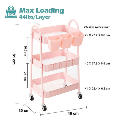 Carrito Organizador Multiusos 3 Niveles Metálico Con Ruedas