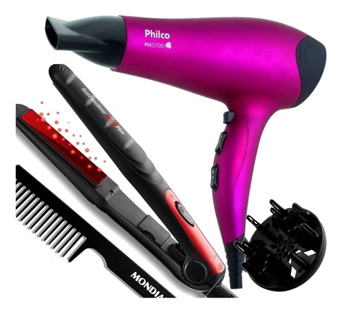 Imagem 1 de 9 de Secador De Cabelo Philco 3700 Ion Difusor + Prancha Cerâmica