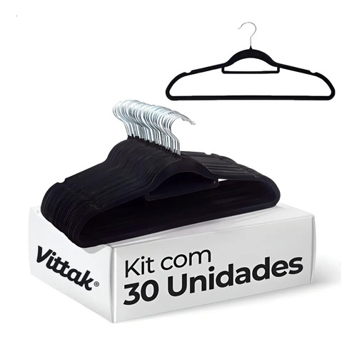 Vittak Kit 30 Cabides Veludo De Roupa Antideslizante Slim Adulto Cor Preto