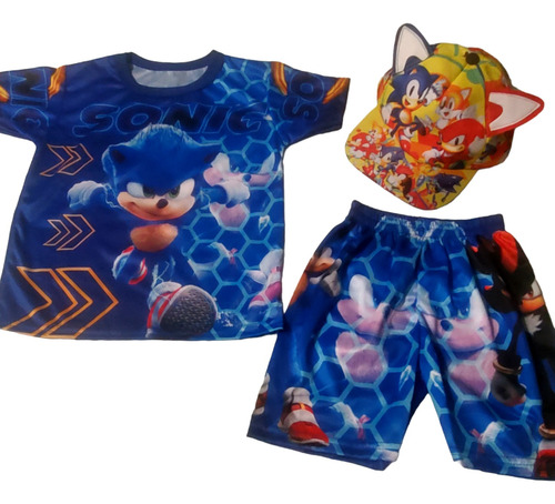 Playera, Short Y Gorra  Sublimado Para Niño De Sonic 3piezas