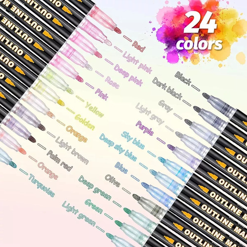 24 Colors Plumones Metálicos Marcadores Doble Linea