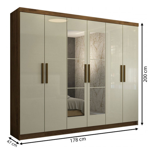 Guarda-roupa Casal Odisseia 6 Portas 2 Gavetas Com Espelho Cor Bege