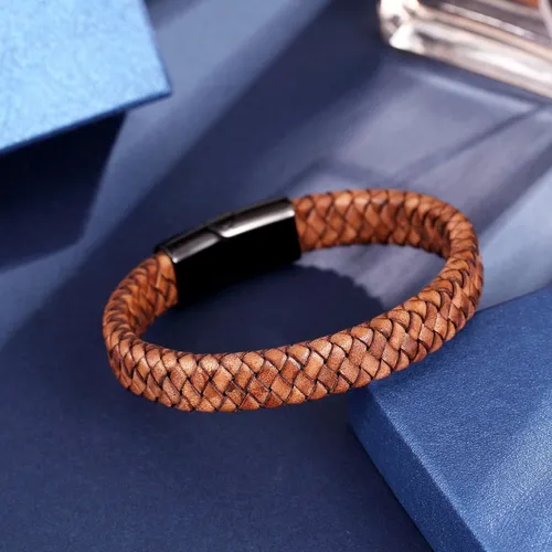 Pulsera De Cuero Trenzado Cierre De Acero Inoxidable Marron