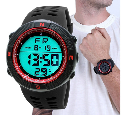 Relógio Masculino De Pulso Esportivo Prova D´agua Militar Cor da correia Preto Cor do bisel Vermelho XF-312 Cor do fundo Cinza