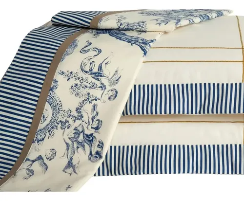 Jogo De Lençol Queen ​Algodão Com Elástico 3 Pçs Porcelana Azul Porcelana