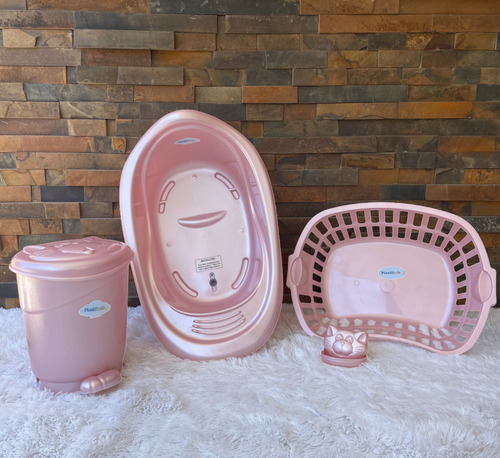 Banheira Bebê 22 L Cesto Roupa Lixeira Quarto Infantil Bebe Cor Rosa Perolado