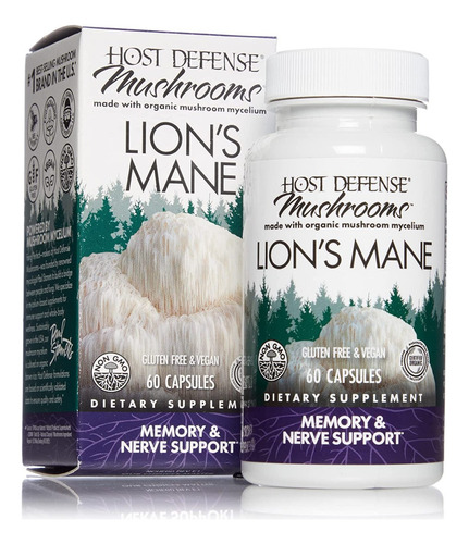 Host Defense Mushrooms Lion's Mane 1g 60 Cápsulas Suplemento Dietético Memoria y Enfoque, Salud Nerviosa y Bienestar General