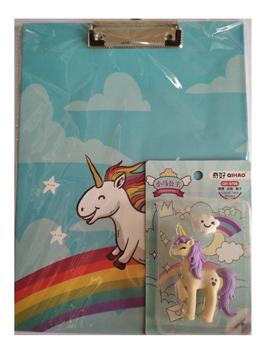 Carpeta Unicornio Celeste Hoja A4 + Regalo (goma Unicornio)