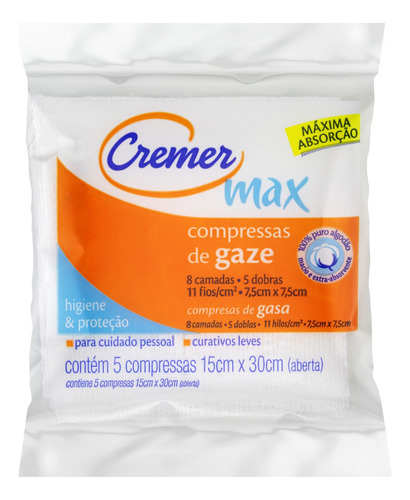 Compressa de Gaze Cremer Max 15cm x 30cm Pacote 5 Unidades