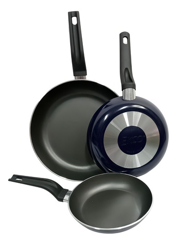 Juego De 3 Sartenes De Aluminio Grueso/teflon Azul