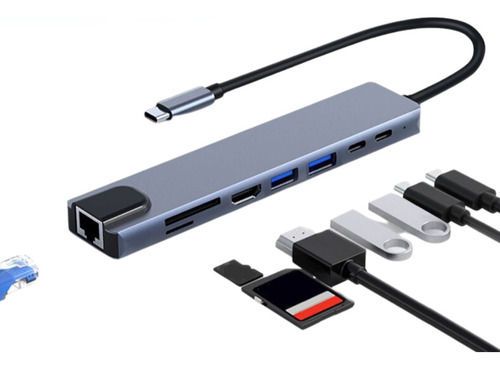 Adaptador Hub Para Notebook Macbook 8 Em 1 Usb-c Hdmi Rj45