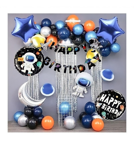 Kit Globos Feliz Cumpleaños Astronauta Metálicos X 39 Pcs