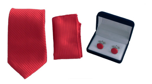 Set Colleras (gemelos) + Corbata + Pañuelo Color Rojo