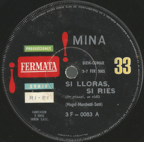 Mina - Si Lloras, Si Ries / Es Inutil - Simple De Vinilo