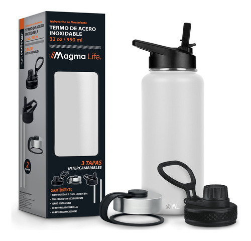 Termo Para Café Y Agua 3 Tapas Acero Inoxidable 32 Oz 950 Ml Color Blanco