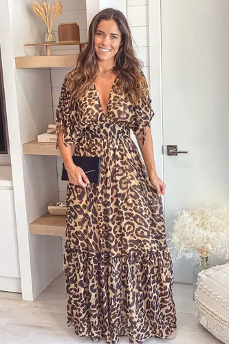 Maxi Vestido Largo Leopardo Estampado Animal Print Mang Larg