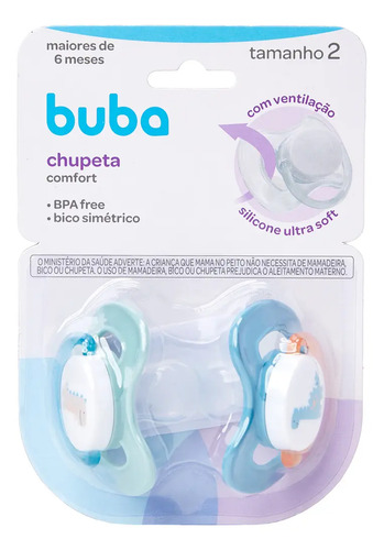 Kit 2 Chupetas Buba Comfort Silicone Dino 6-12 Meses Tamanho 2