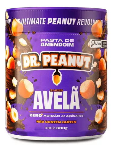 Embalagem frontal da Pasta de Amendoim Dr. Peanut sabor Avelã de 600g em pote roxo com detalhes de avelãs.