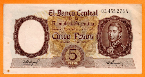 Billete 5 Pesos Moneda Nacional, Bottero 1919 Año 1960 Mb-  