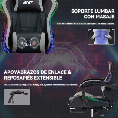 Silla Gamer Rgb Reclinable Con Masajeasdor Reposapiés Gris