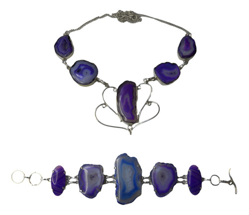 Set De Collar Y Pulsera Con Ágata Morada Azul Chapa De Plata