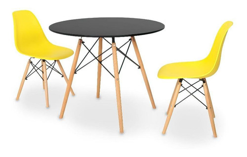 Kit Mesa Jantar Eiffel 100cm Preta + 02 Cadeiras Eiffel Cor Amarela