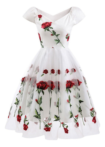 Vestido Vintage Rosa Bordado Temperamento Escote Femenino