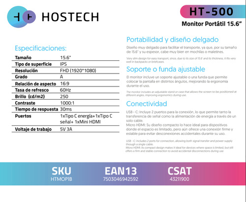 Monitor Portátil 15.6'' Fhd Hostech Soporte/ Funda Ajustable