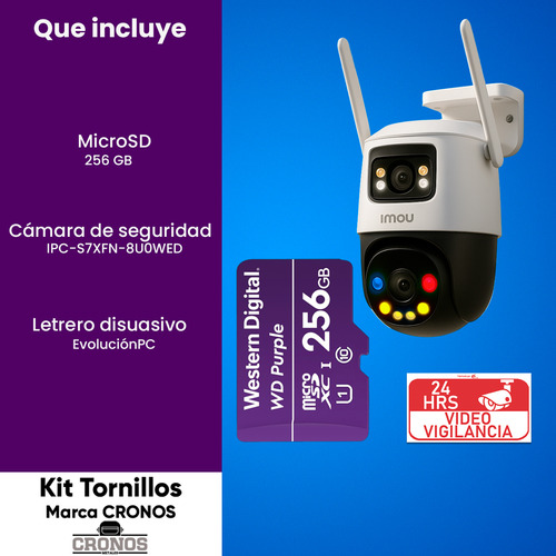 Kit Cronos Cámara De Seguridad Imou Ip Pt Ipc-s7xfn-8u0wed Wifi Cruiser Dual 8mp Imagen A Color 24/7 Audio Bidireccional Alarma Auto Tracking + Microsd 256gb + Accesorios Kit Cctv Ipc-s7xfn-plus-256