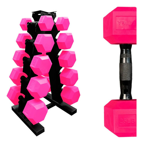Rack 5 Pares Mancuernas Hexagonales Pvc Rosas 5-25 Lb Color Rosa chicle