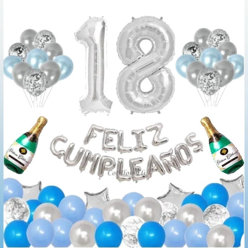 Combo Deco Globos Feliz Cumple 18/40/50 Festeja Plata/azul 